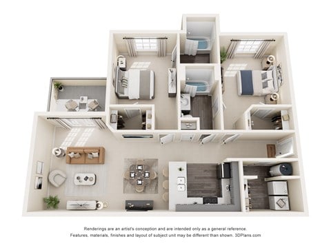Floor plan for 2 beds, 2 baths, 1102 sqft